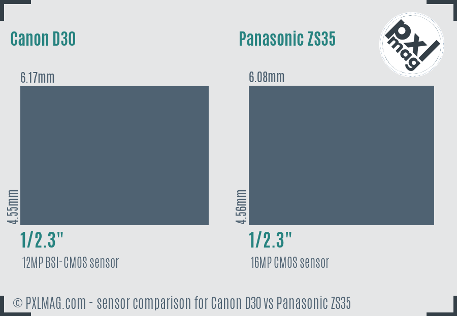 Canon D30 vs Panasonic ZS35 sensor size comparison