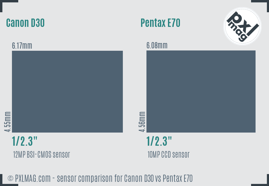 Canon D30 vs Pentax E70 sensor size comparison