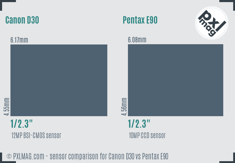 Canon D30 vs Pentax E90 sensor size comparison