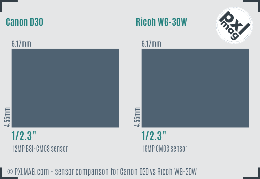 Canon D30 vs Ricoh WG-30W sensor size comparison