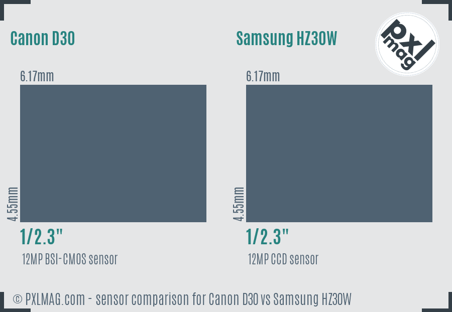 Canon D30 vs Samsung HZ30W sensor size comparison