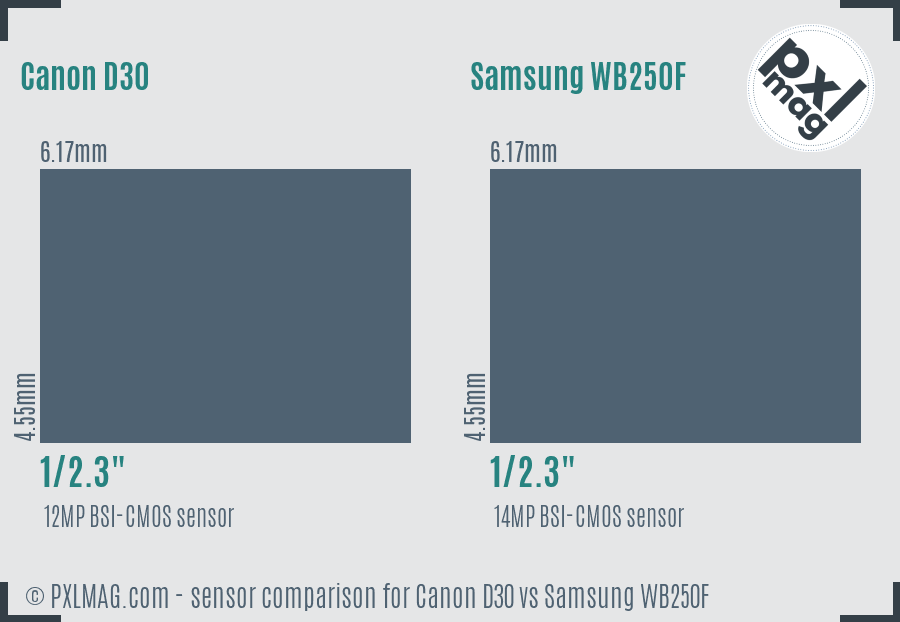 Canon D30 vs Samsung WB250F sensor size comparison