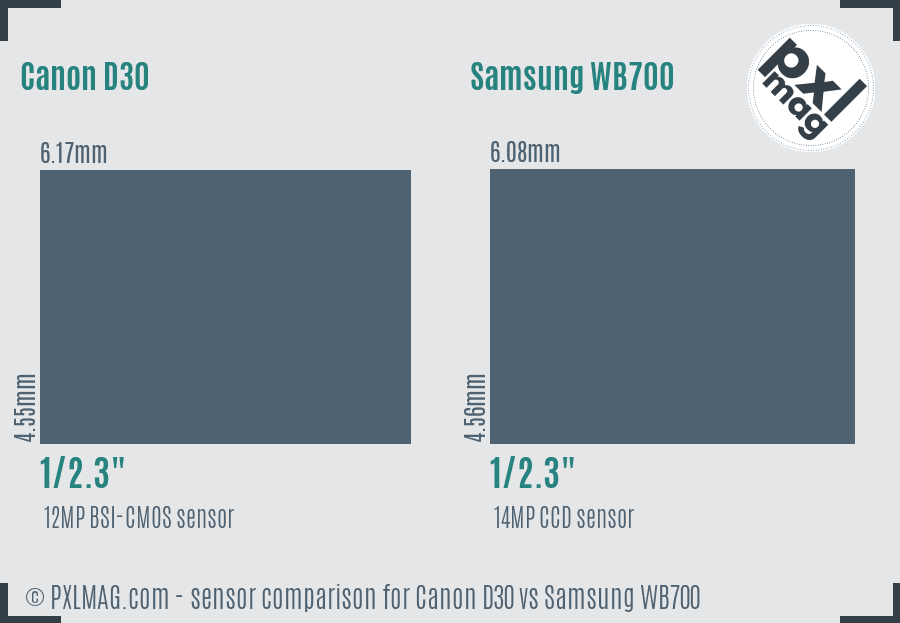 Canon D30 vs Samsung WB700 sensor size comparison