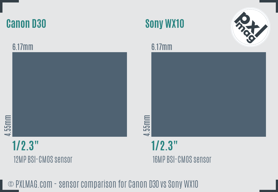 Canon D30 vs Sony WX10 sensor size comparison