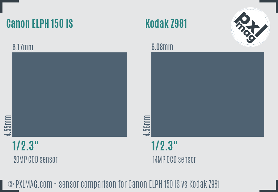 Canon ELPH 150 IS vs Kodak Z981 sensor size comparison