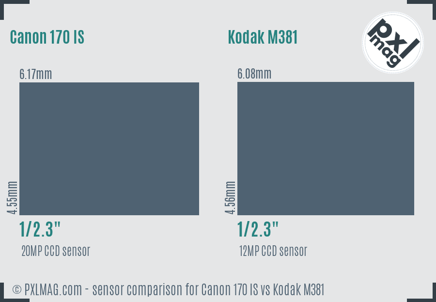 Canon 170 IS vs Kodak M381 sensor size comparison