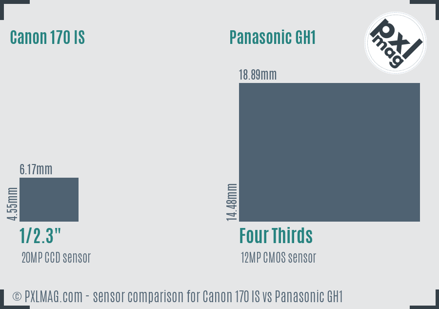 Canon 170 IS vs Panasonic GH1 sensor size comparison