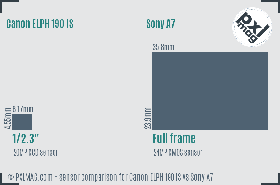 Canon ELPH 190 IS vs Sony A7 sensor size comparison