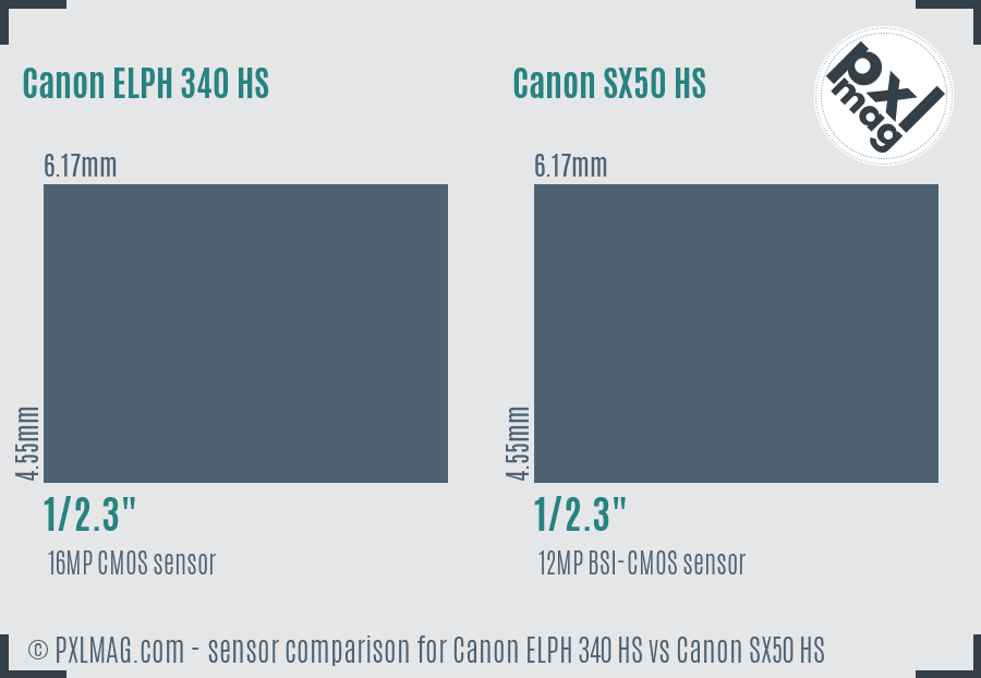 Canon ELPH 340 HS vs Canon SX50 HS sensor size comparison