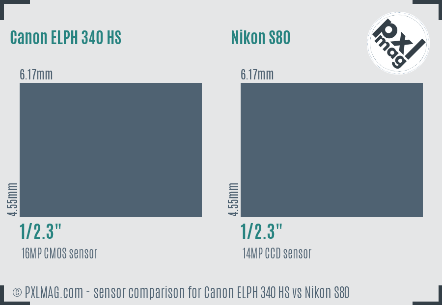 Canon ELPH 340 HS vs Nikon S80 sensor size comparison