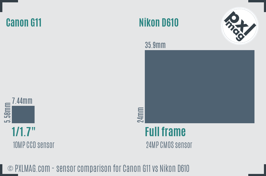 Canon G11 vs Nikon D610 sensor size comparison