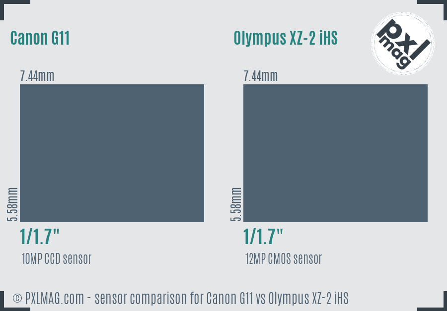 Canon G11 vs Olympus XZ-2 iHS sensor size comparison