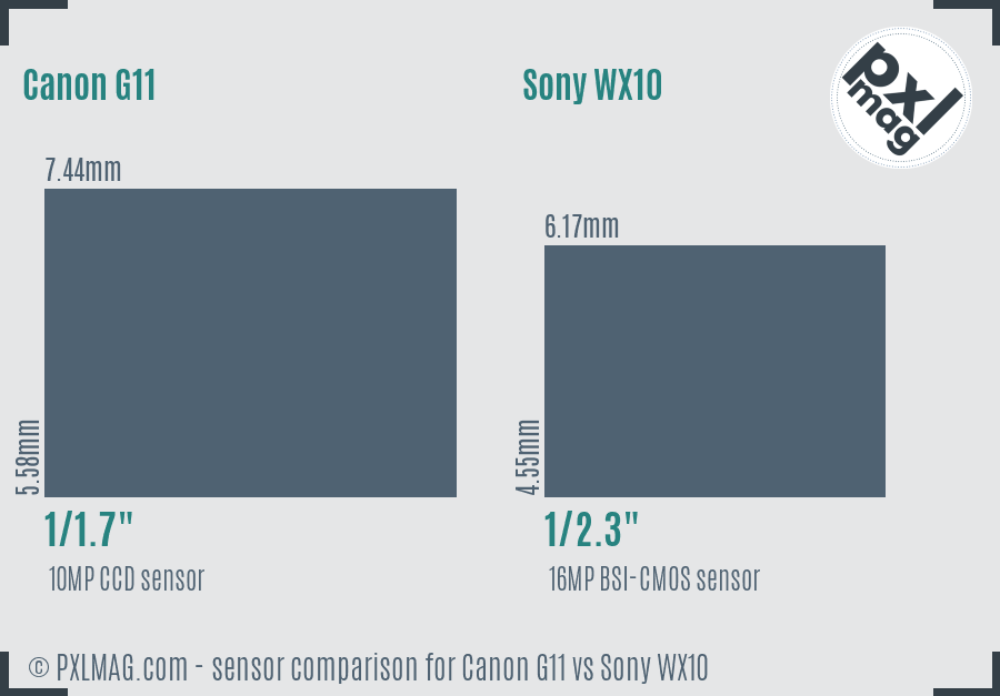 Canon G11 vs Sony WX10 sensor size comparison