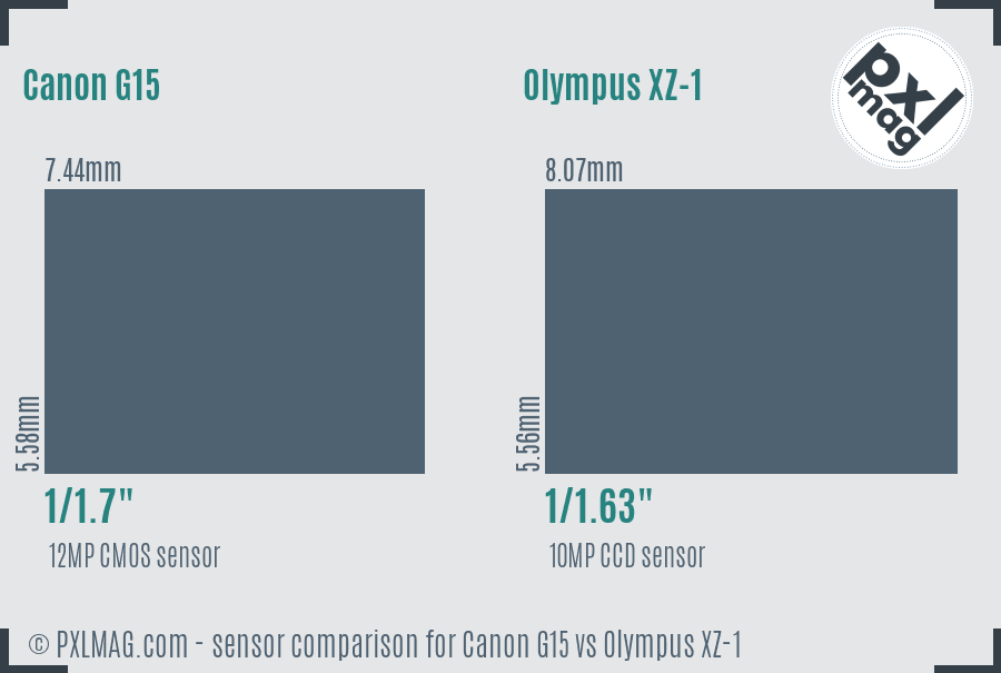 Canon G15 vs Olympus XZ-1 sensor size comparison Canon G15 vs Olympus XZ-1 sensor size comparison