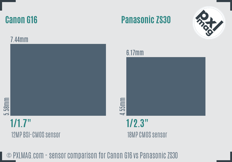 Canon G16 vs Panasonic ZS30 sensor size comparison