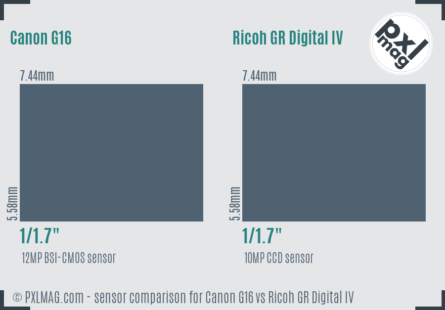 Canon G16 vs Ricoh GR Digital IV sensor size comparison