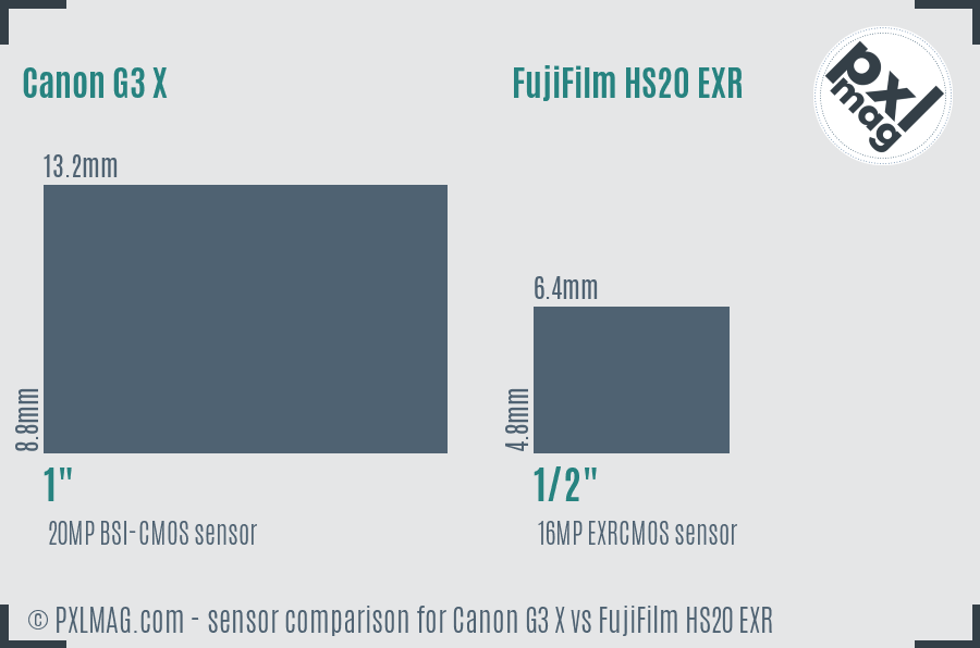 Canon G3 X vs FujiFilm HS20 EXR sensor size comparison