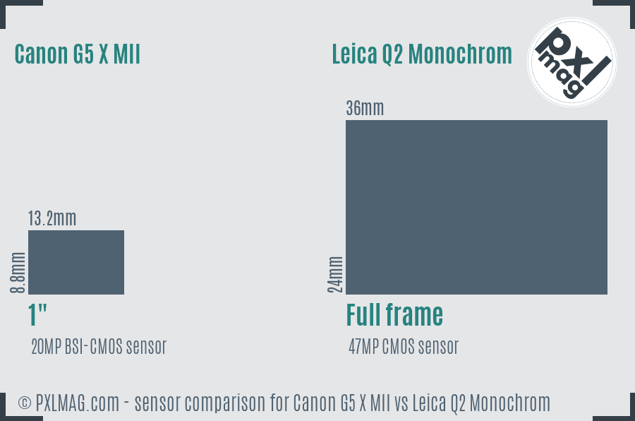 Canon G5 X MII vs Leica Q2 Monochrom sensor size comparison