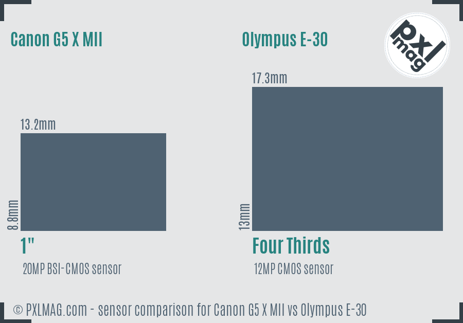 Canon G5 X MII vs Olympus E-30 sensor size comparison