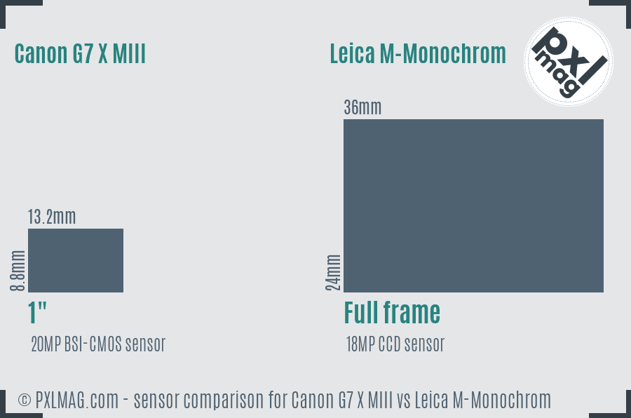 Canon G7 X MIII vs Leica M-Monochrom sensor size comparison