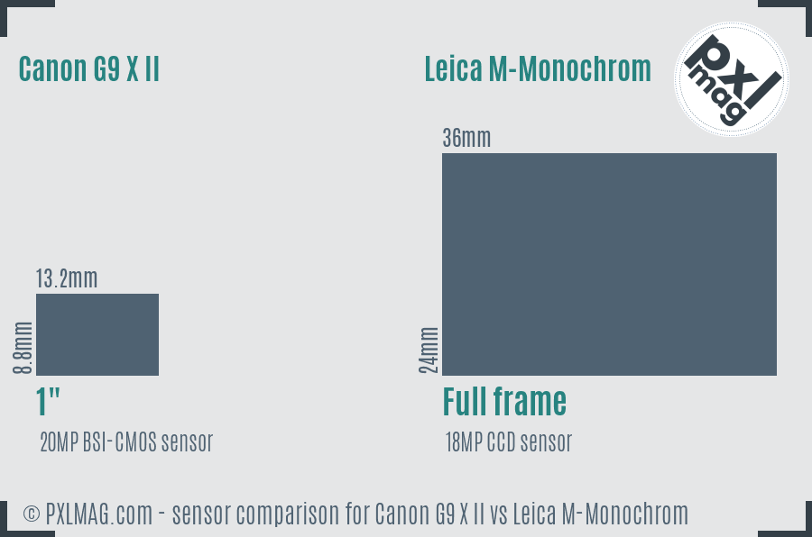 Canon G9 X II vs Leica M-Monochrom sensor size comparison