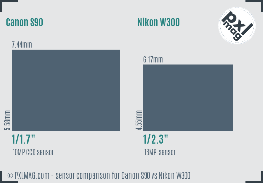 Canon S90 vs Nikon W300 sensor size comparison