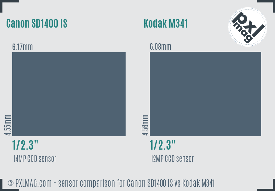 Canon SD1400 IS vs Kodak M341 sensor size comparison