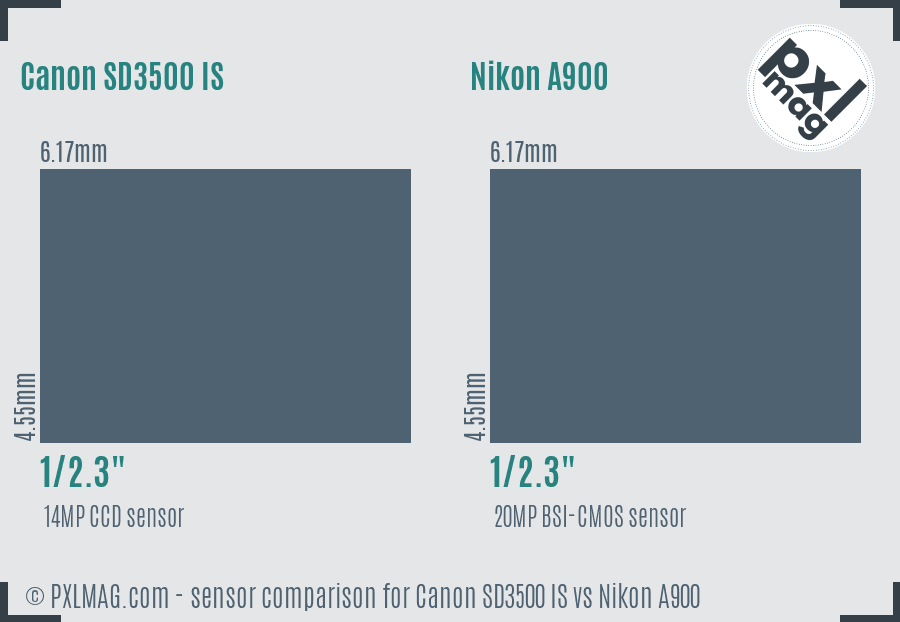 Canon SD3500 IS vs Nikon A900 sensor size comparison