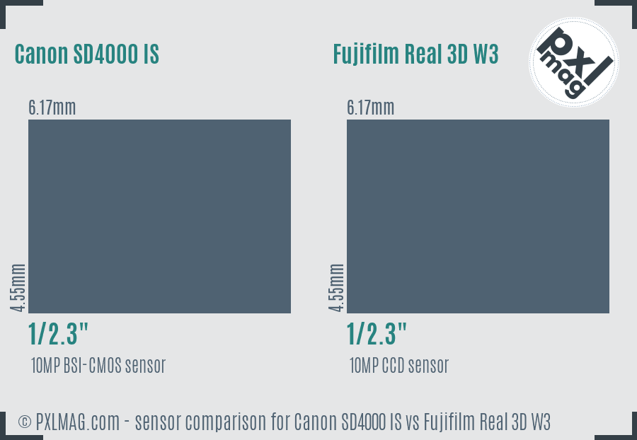 Canon SD4000 IS vs Fujifilm Real 3D W3 sensor size comparison