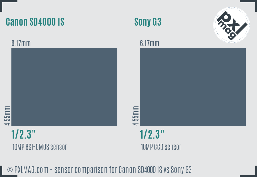 Canon SD4000 IS vs Sony G3 sensor size comparison