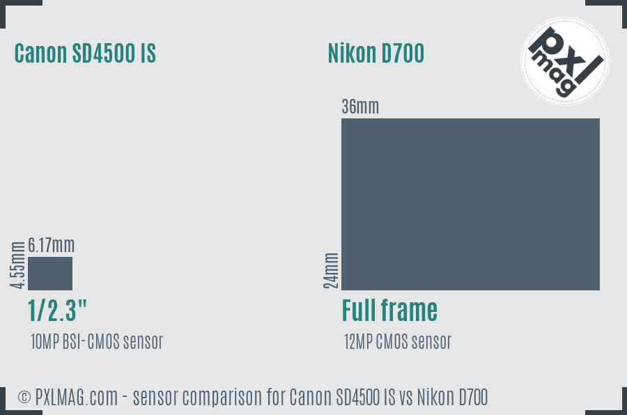 Canon SD4500 IS vs Nikon D700 sensor size comparison