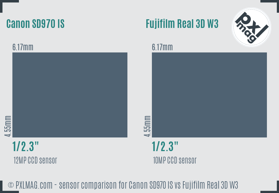 Canon SD970 IS vs Fujifilm Real 3D W3 sensor size comparison