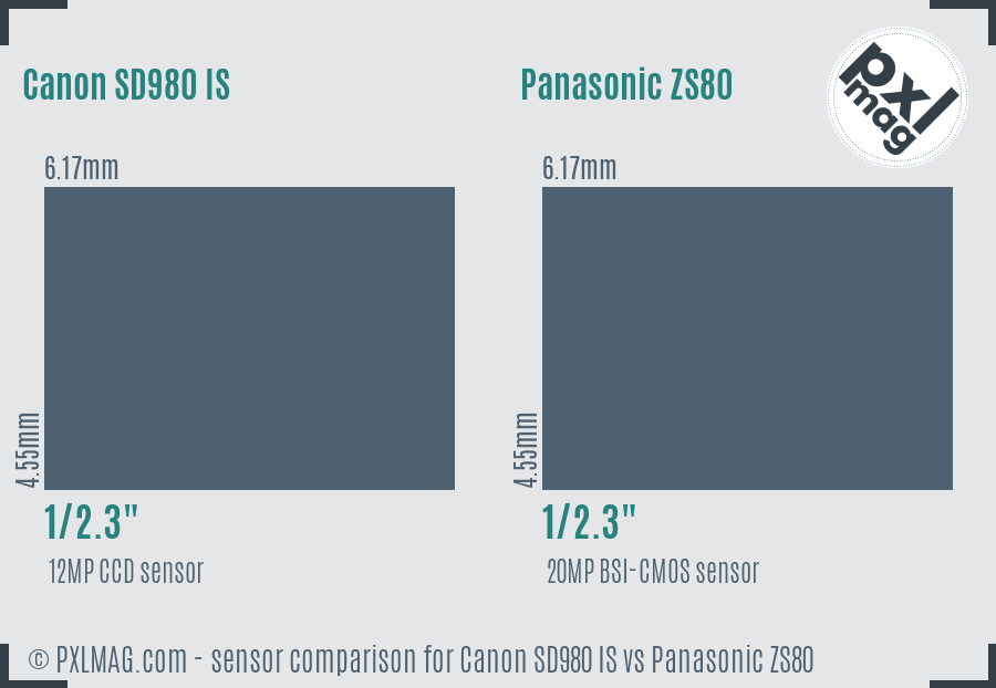 Canon SD980 IS vs Panasonic ZS80 sensor size comparison