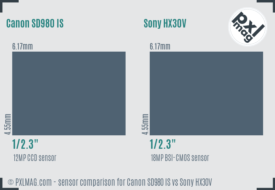 Canon SD980 IS vs Sony HX30V sensor size comparison