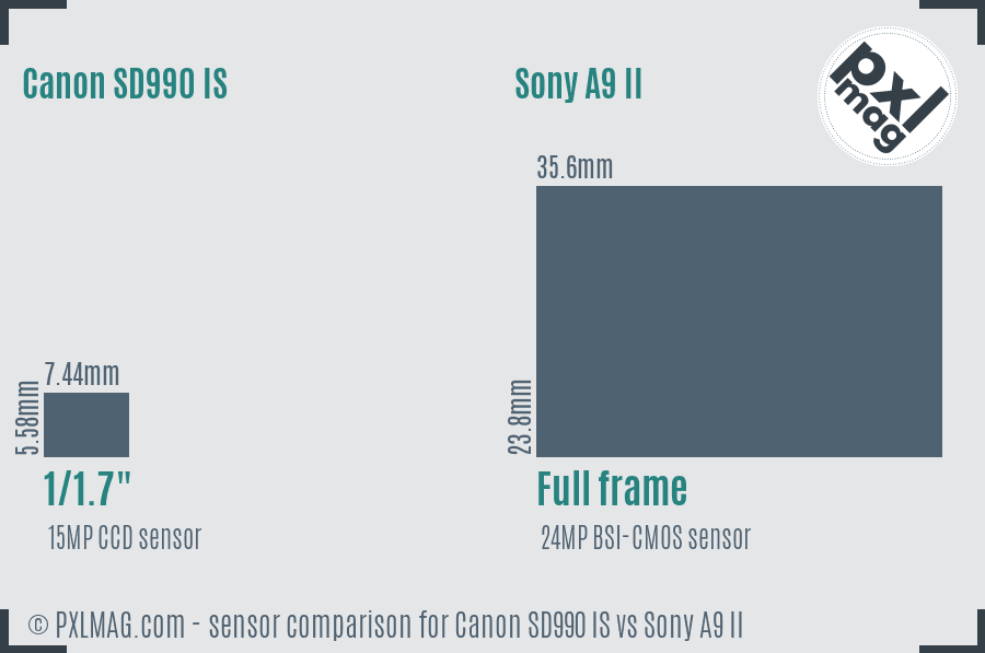 Canon SD990 IS vs Sony A9 II sensor size comparison