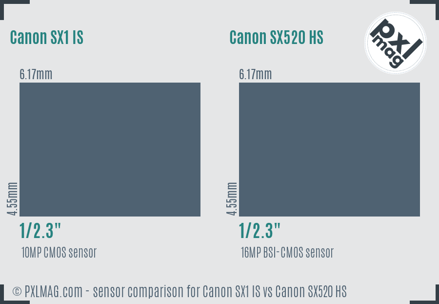 Canon SX1 IS vs Canon SX520 HS sensor size comparison