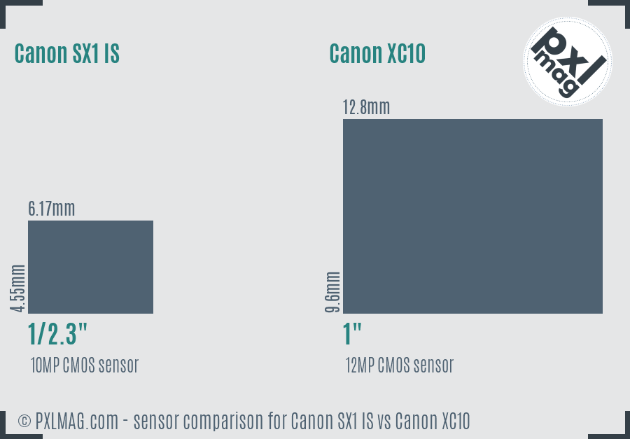 Canon SX1 IS vs Canon XC10 sensor size comparison