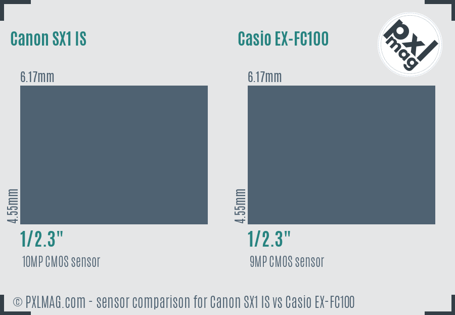 Canon SX1 IS vs Casio EX-FC100 sensor size comparison