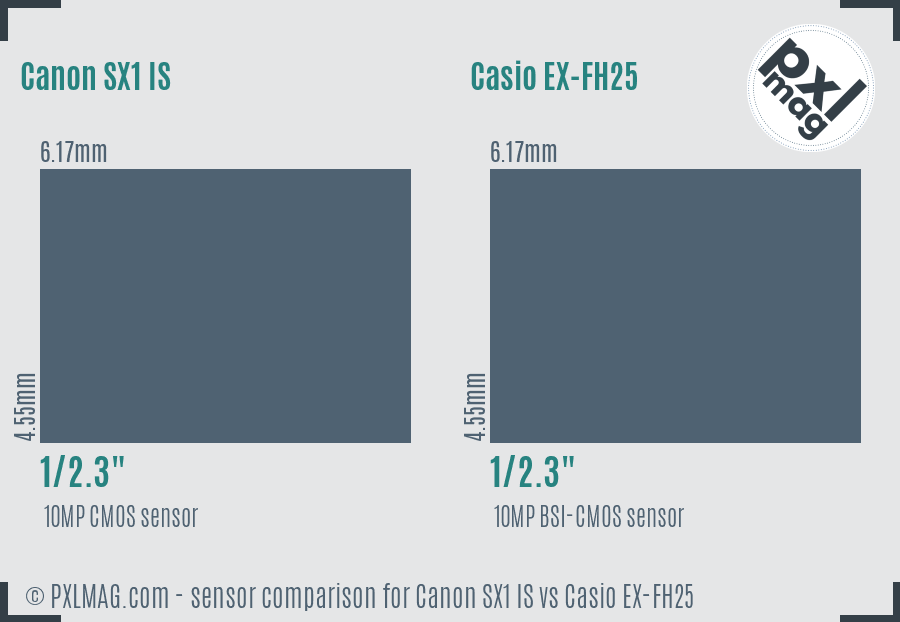 Canon SX1 IS vs Casio EX-FH25 sensor size comparison