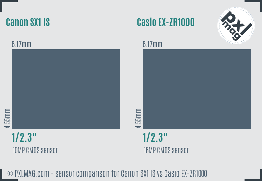 Canon SX1 IS vs Casio EX-ZR1000 sensor size comparison