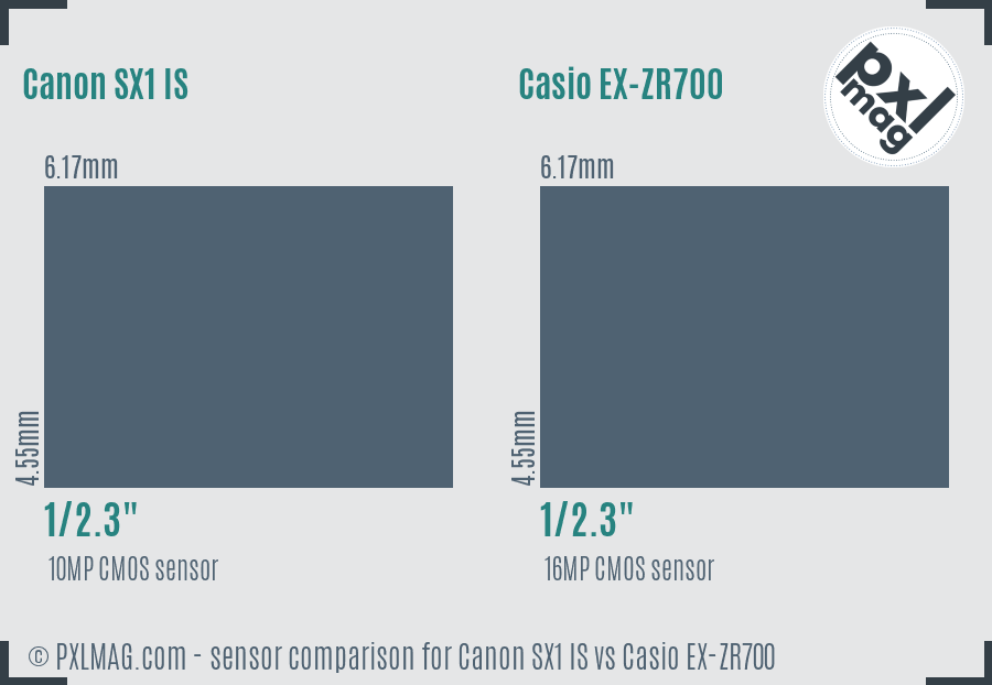Canon SX1 IS vs Casio EX-ZR700 sensor size comparison