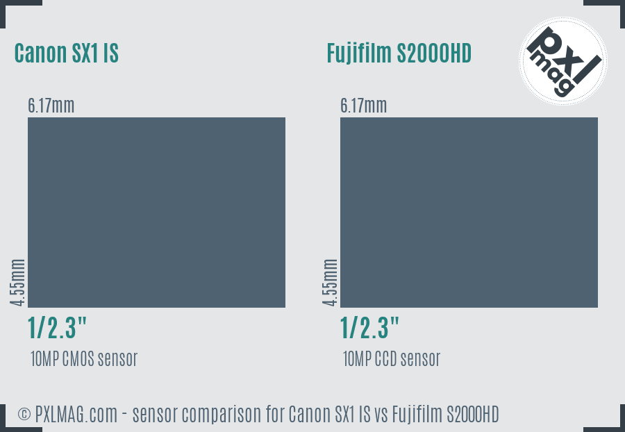 Canon SX1 IS vs Fujifilm S2000HD sensor size comparison