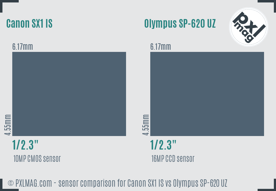 Canon SX1 IS vs Olympus SP-620 UZ sensor size comparison