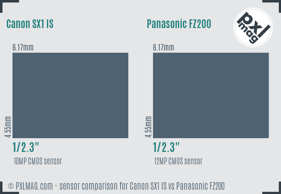 Canon SX1 IS vs Panasonic FZ200 sensor size comparison