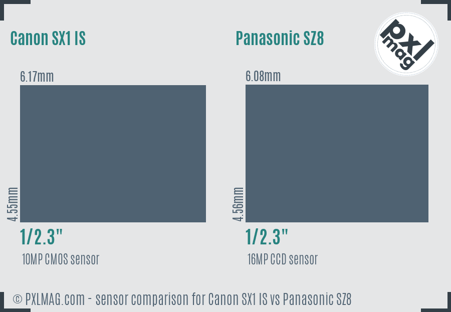 Canon SX1 IS vs Panasonic SZ8 sensor size comparison