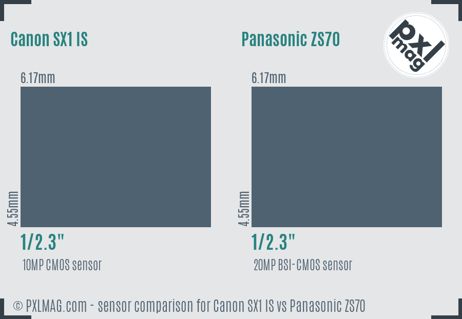 Canon SX1 IS vs Panasonic ZS70 sensor size comparison