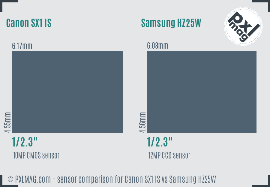 Canon SX1 IS vs Samsung HZ25W sensor size comparison