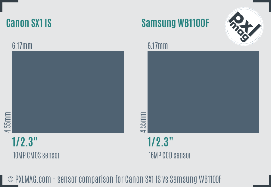 Canon SX1 IS vs Samsung WB1100F sensor size comparison