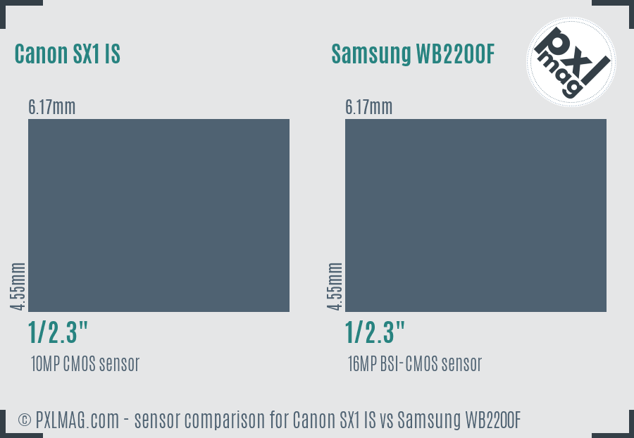 Canon SX1 IS vs Samsung WB2200F sensor size comparison