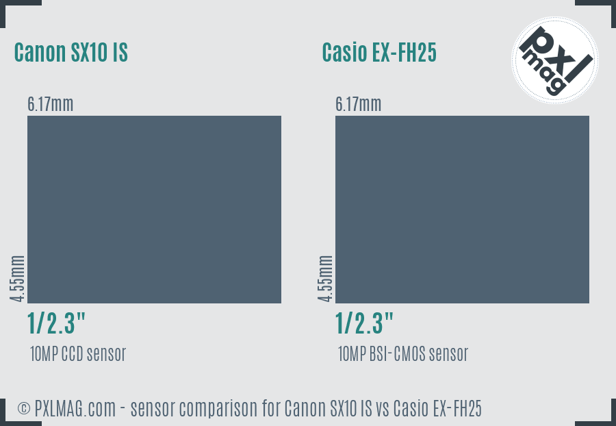 Canon SX10 IS vs Casio EX-FH25 sensor size comparison